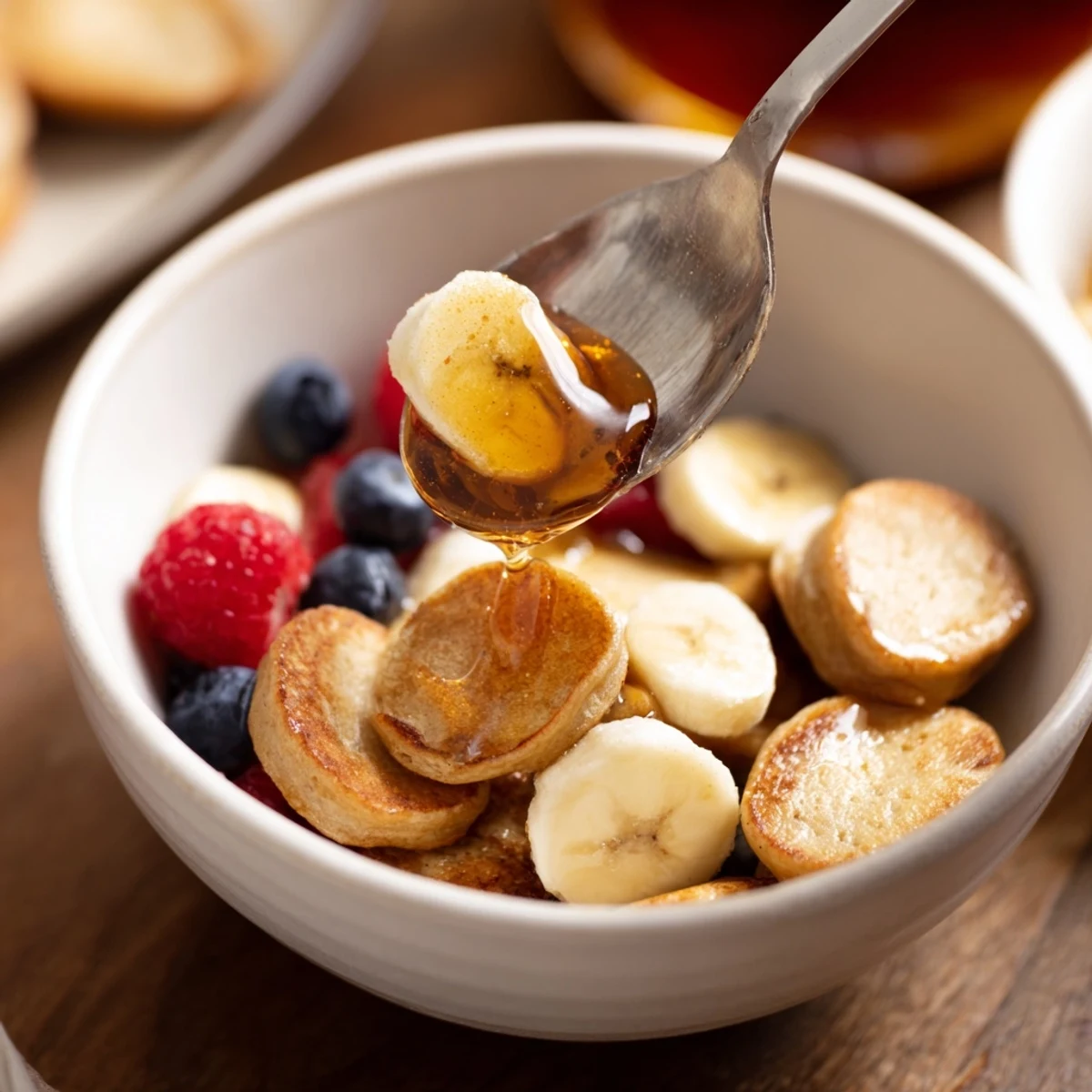 Mini pancake cereal: fluffy, golden bites topped with fresh berries and maple syrup.  