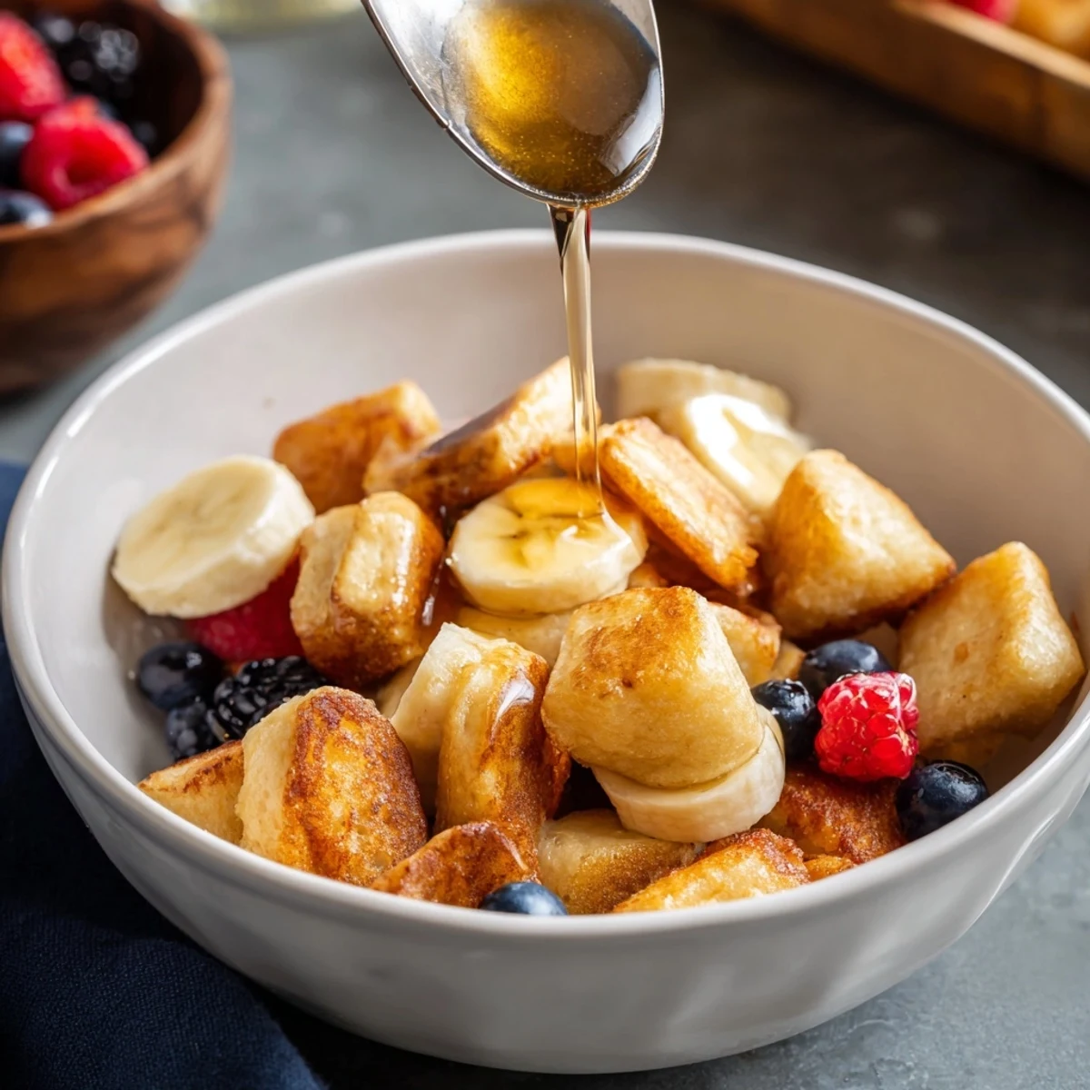 Irresistible mini pancake cereal featured with a drizzle of honey and sliced bananas.