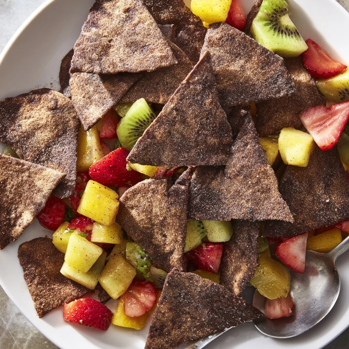 Crispy chocolate tortilla chips served with refreshing fruit salsa for dessert.  