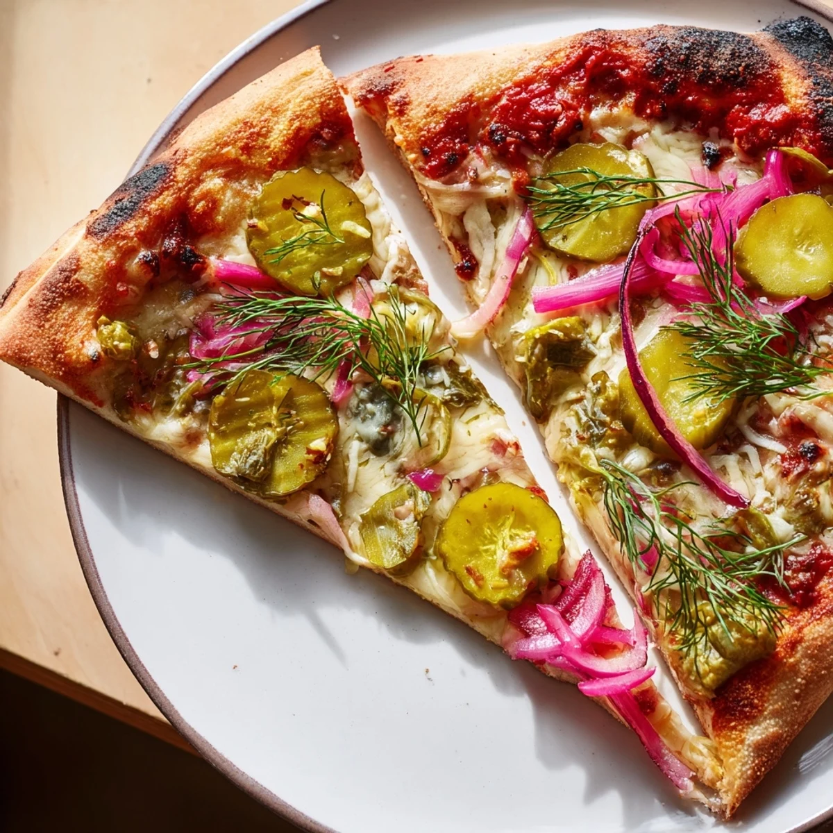 Tangy Pickle Pizza topped with creamy sauce, mozzarella, and crunchy dill pickles.  