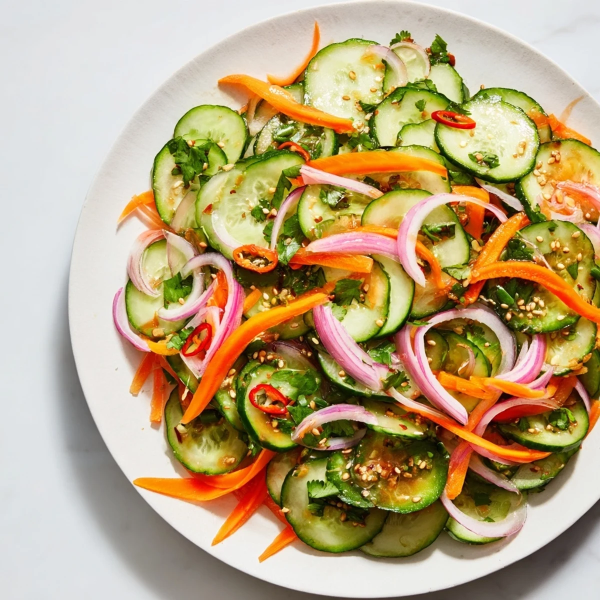 Refreshing cucumber salad remix garnished with sesame seeds, ideal for summer picnics.  