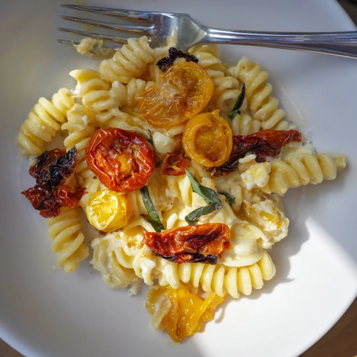 Creamy Baked Feta Pasta with caramelized onions and sun-dried tomatoes, perfect for dinner.