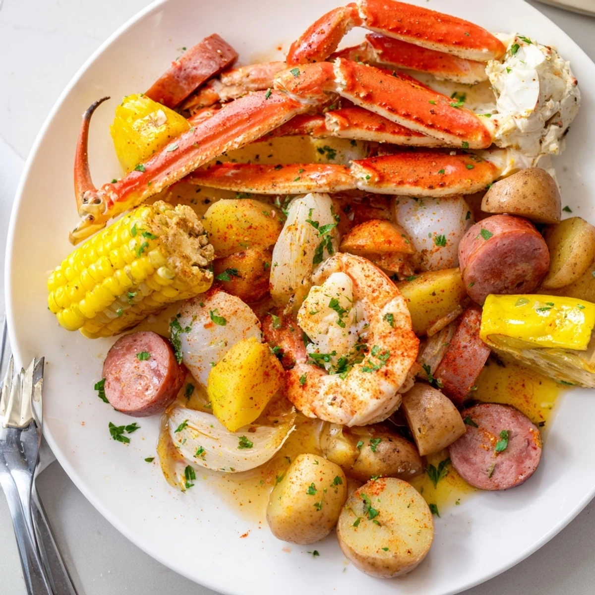 Spicy sausage complements the rich flavors in this Seafood Boil with potatoes and corn.