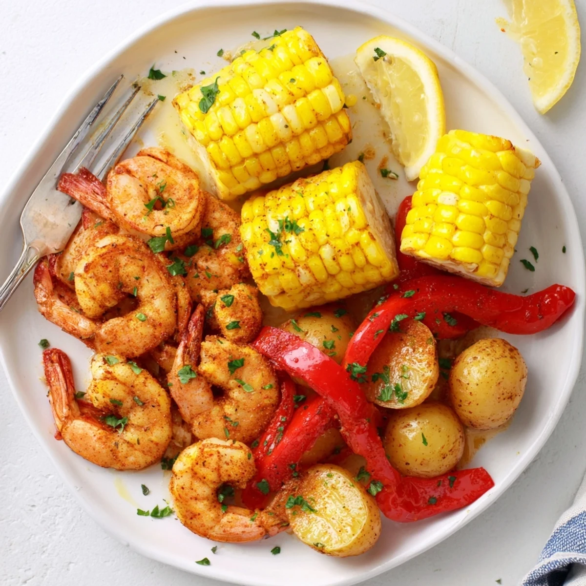 A colorful Cajun shrimp and sweet corn platter, perfect for summer gatherings.  