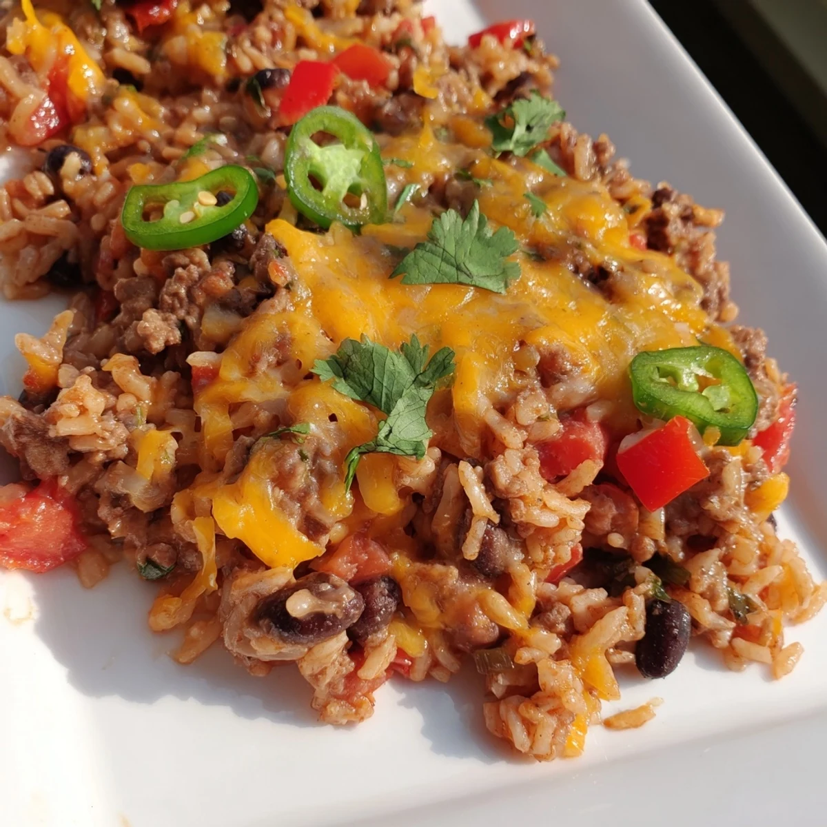 A bubbly Tex-Mex Beef & Rice Casserole, topped with melted cheese, offers a comforting, savory meal.