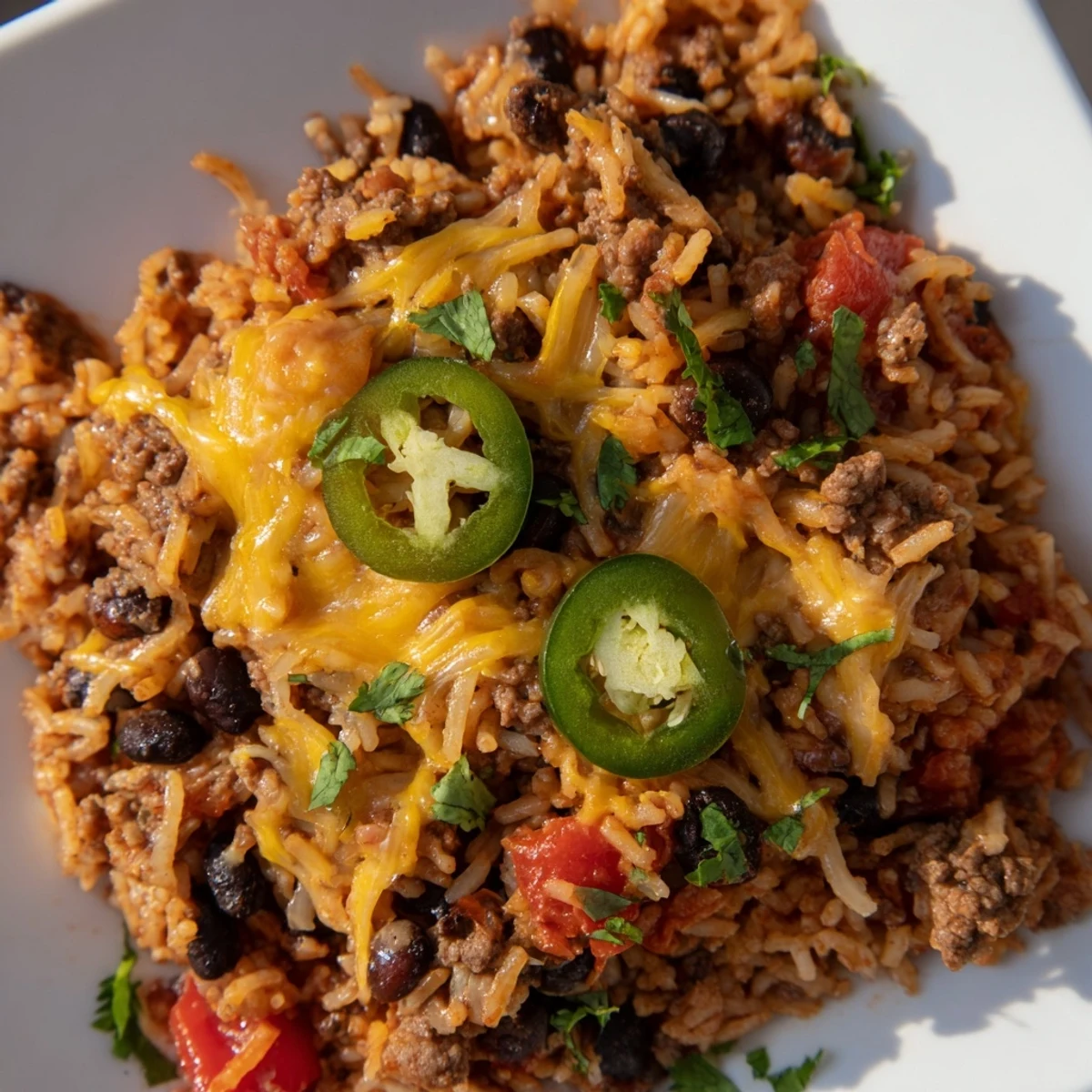 Steaming hot Tex-Mex Beef & Rice Casserole displays a rich tomato sauce and golden, bubbly cheese.