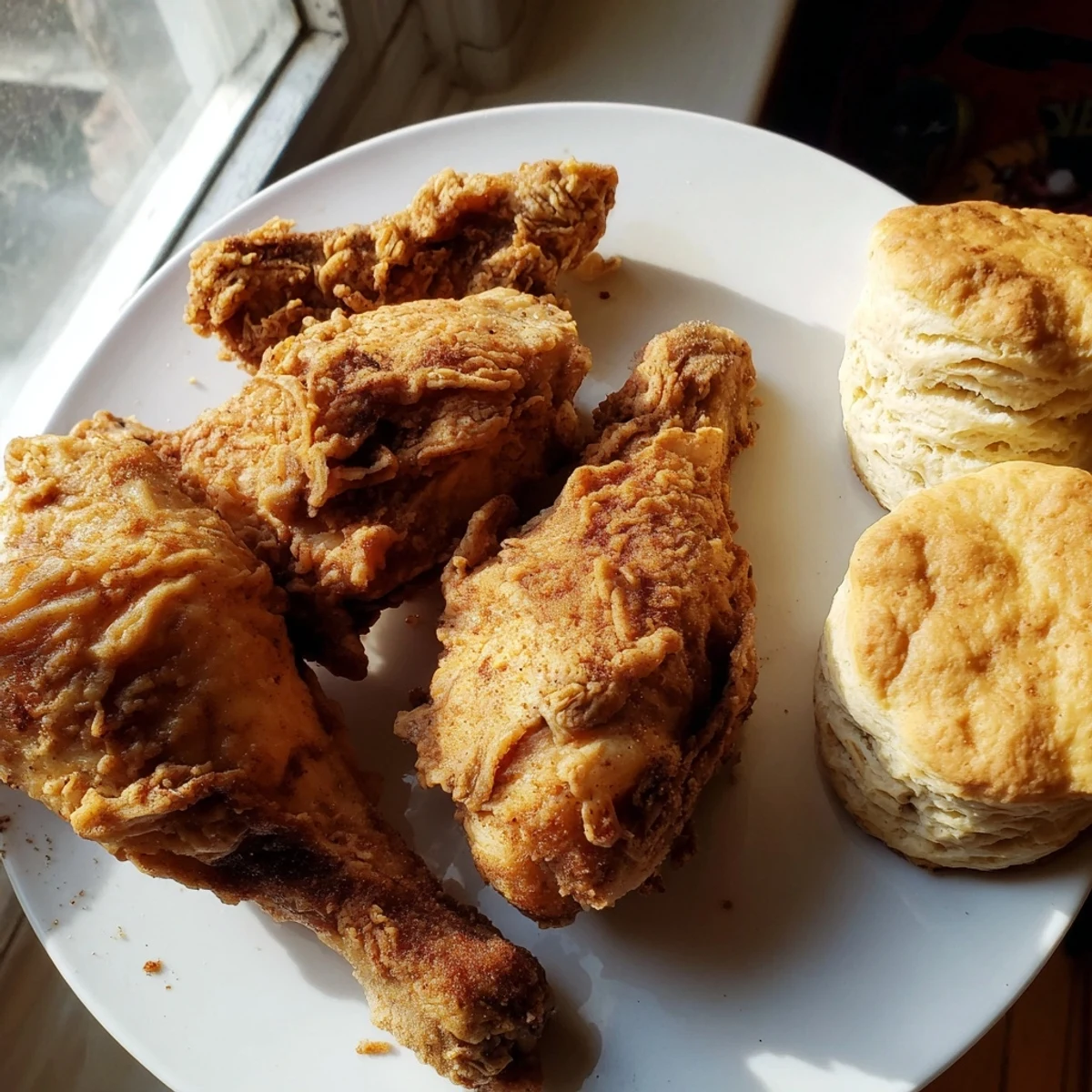 Golden-brown Southern Fried Chicken served with warm, fluffy buttermilk biscuits, a comforting feast.