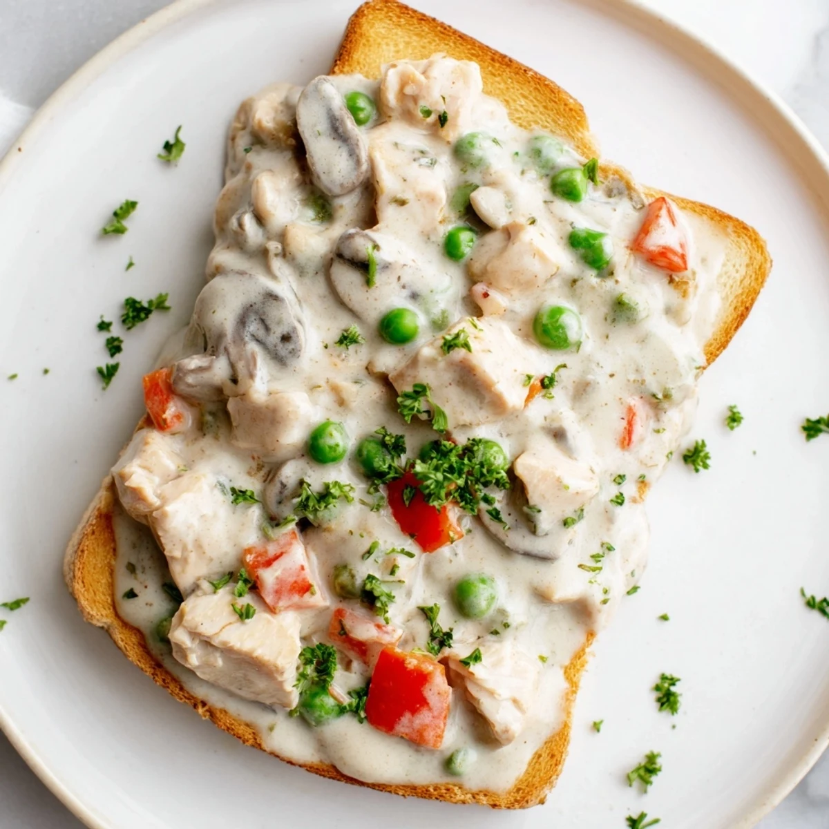Chicken à la King served steaming over golden buttered toast, a comforting, creamy delight.