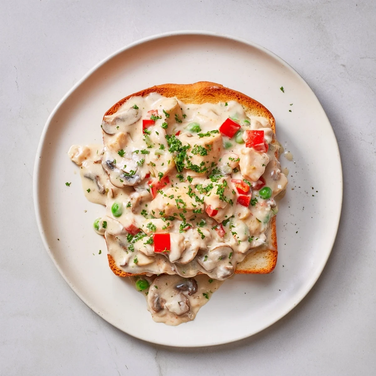 A close-up of Chicken à la King: tender chicken, vegetables, and creamy gravy on toasted bread.