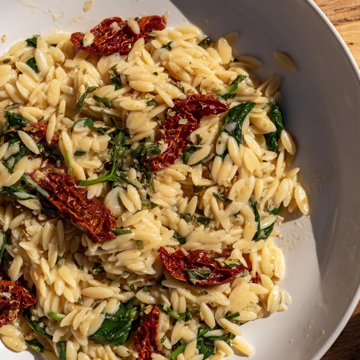 A steaming bowl of creamy Tuscan Orzo, a comforting vegetarian Italian meal with Parmesan garnish.