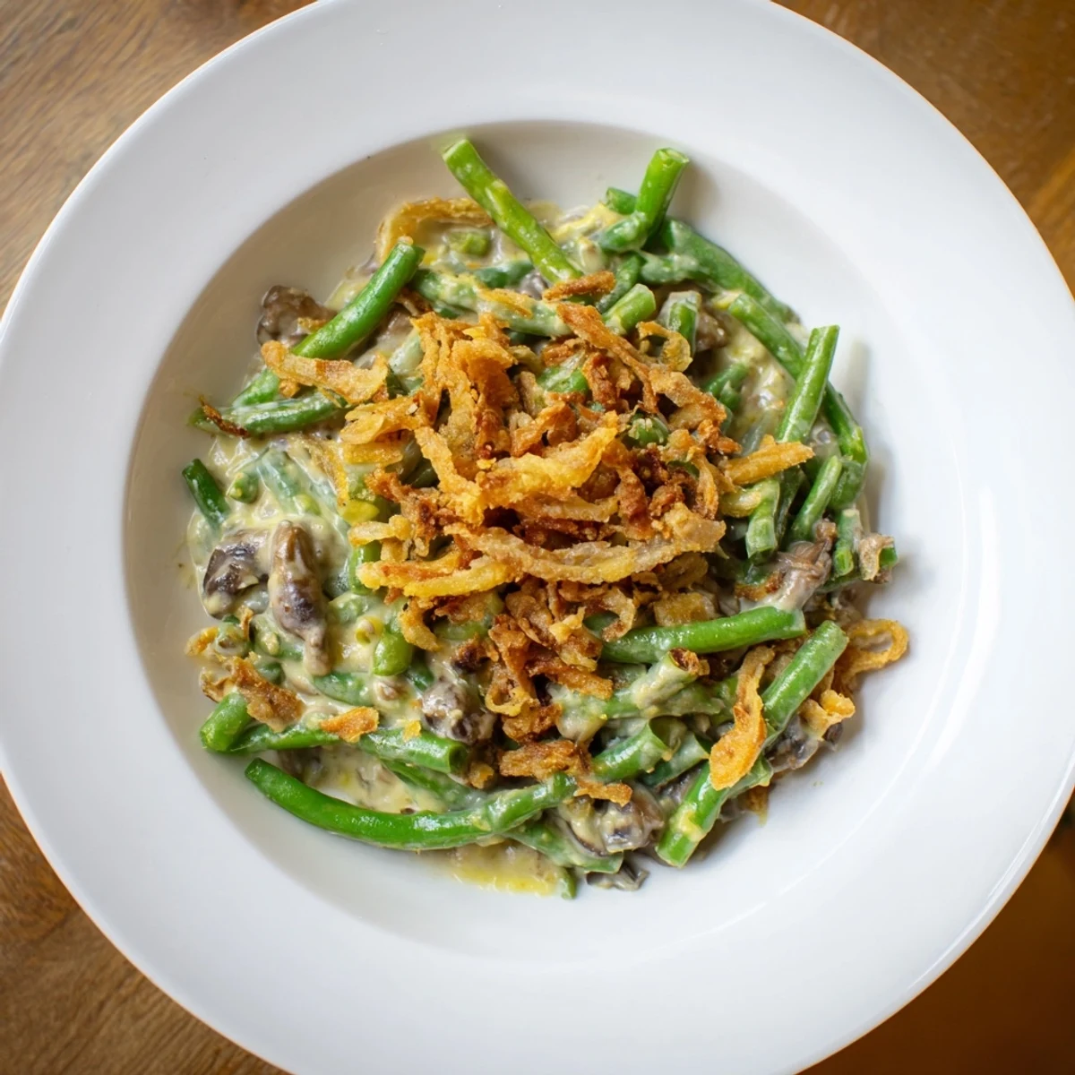 A close-up of creamy, savory Old-School Green Bean Casserole, a classic made with fresh green beans.