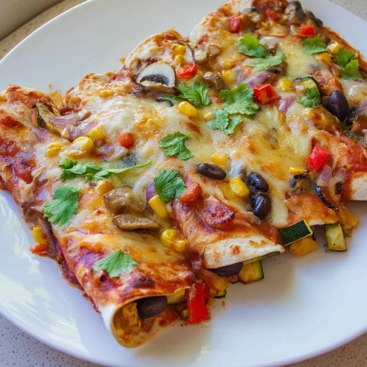 Farmers Market Vegetarian Enchiladas bubbling with cheese, covered in rich sauce, ready to serve.