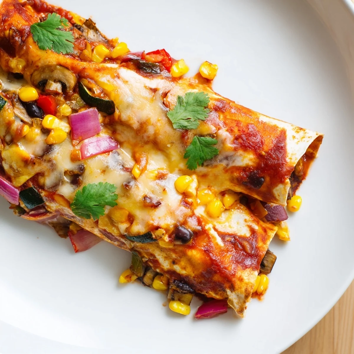 Warm, cheesy Farmers Market Vegetarian Enchiladas, fresh from the oven, with optional toppings.