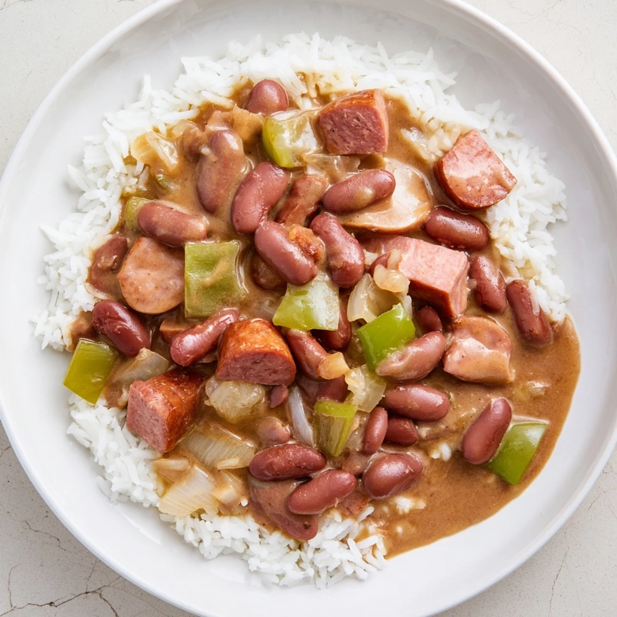 A steaming bowl of Red Beans & Rice, showcasing the creamy texture and vibrant flavors.