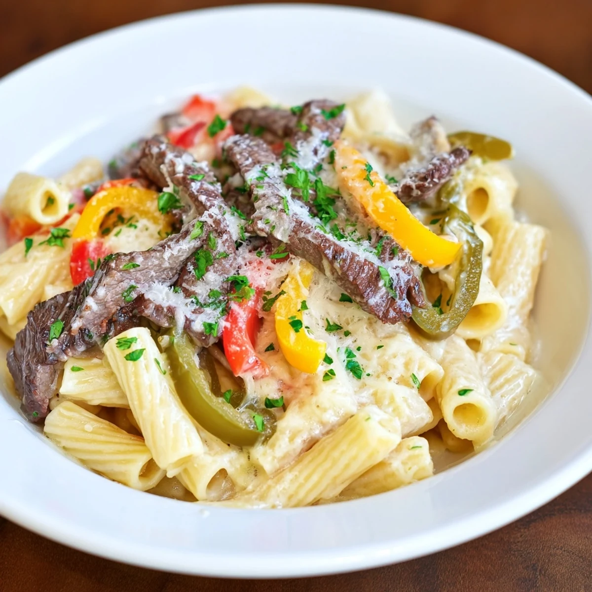 A close-up of a bubbling Philly Cheesesteak Pasta, highlighting the perfect cheesy sauce and pasta.