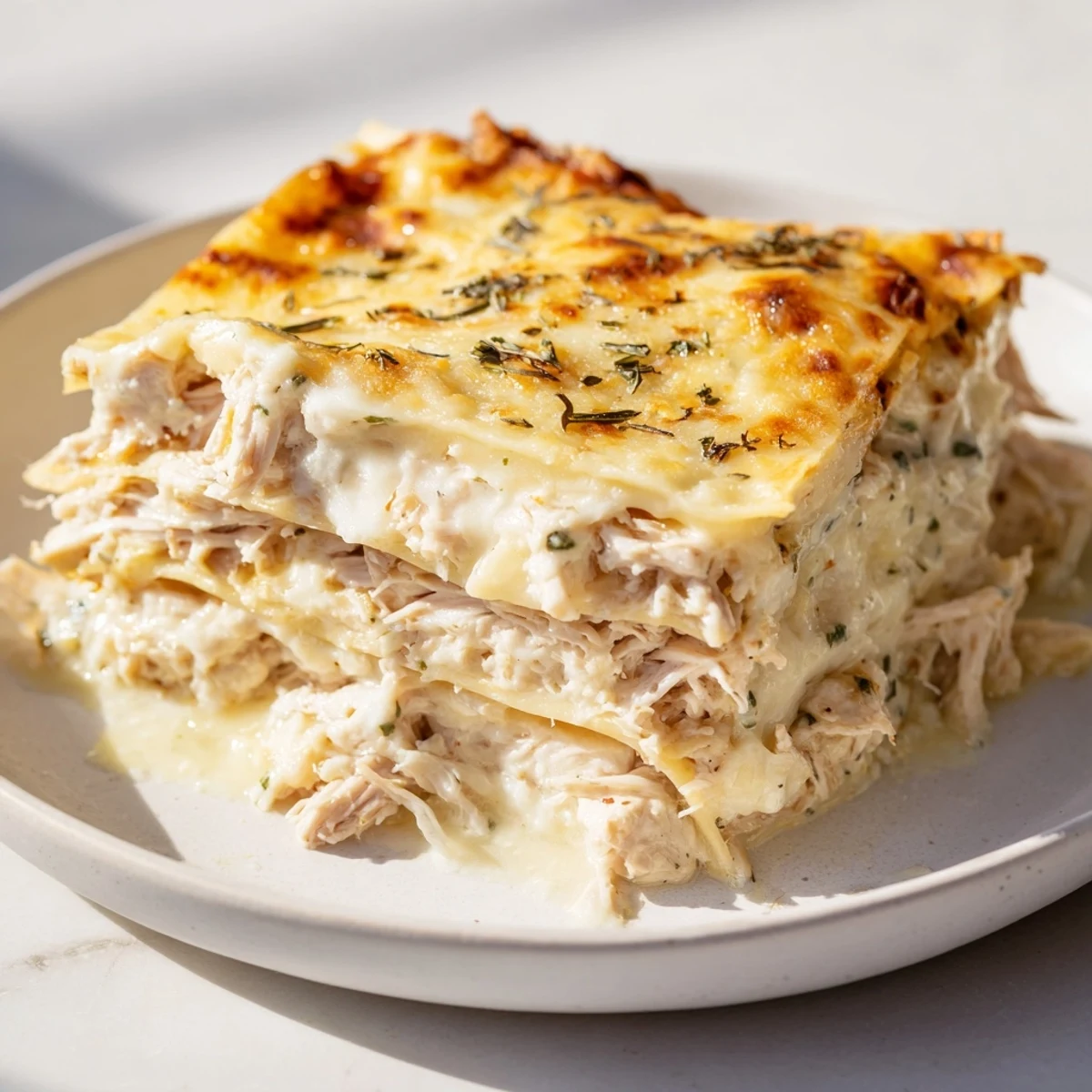 Golden and bubbly Rosemary Chicken Lasagna fresh from the oven, offering a cheesy, savory aroma.