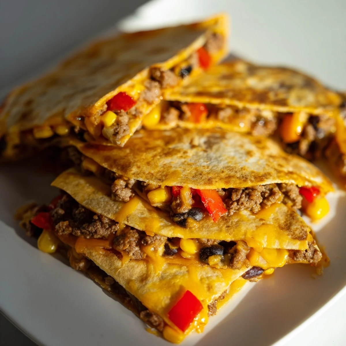 Sheet pan quesadilla with savory beef, melted cheese, and corn, baked to golden perfection for dinner.