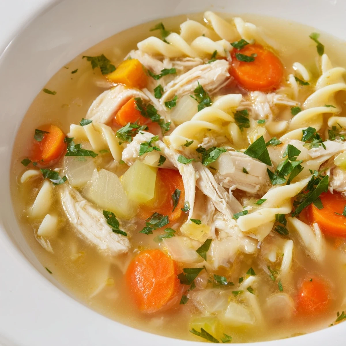 A fragrant and comforting bowl of creamy homemade chicken noodle soup, perfect for a cozy dinner.