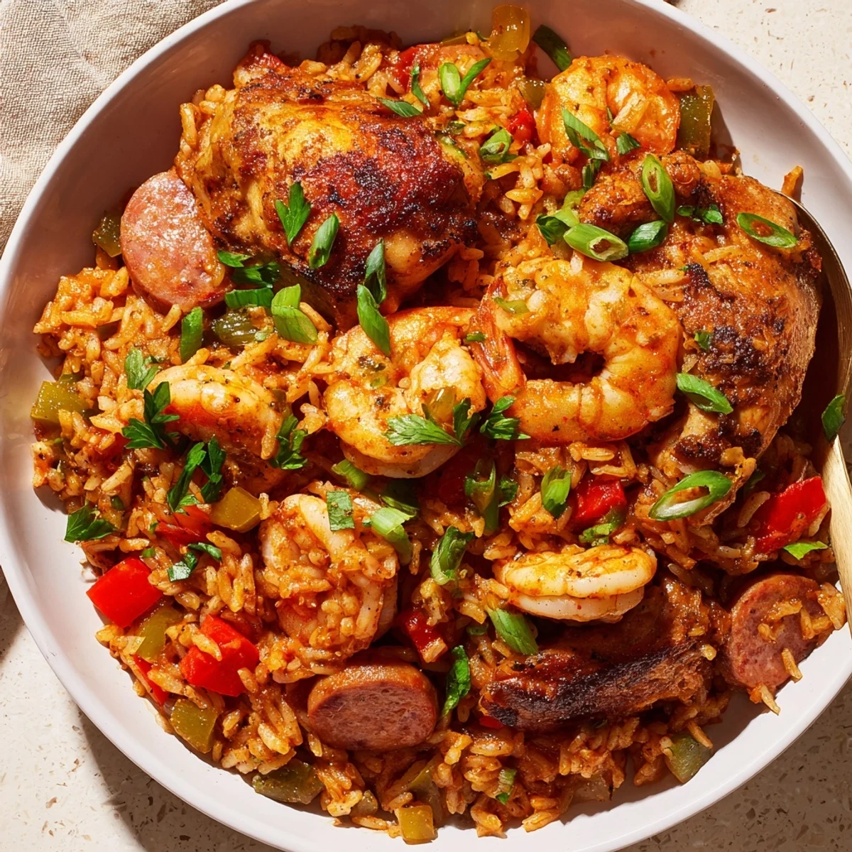 A steaming Cajun Jambalaya Rice Bowl with shrimp, sausage, and colorful bell peppers promises flavorful satisfaction.