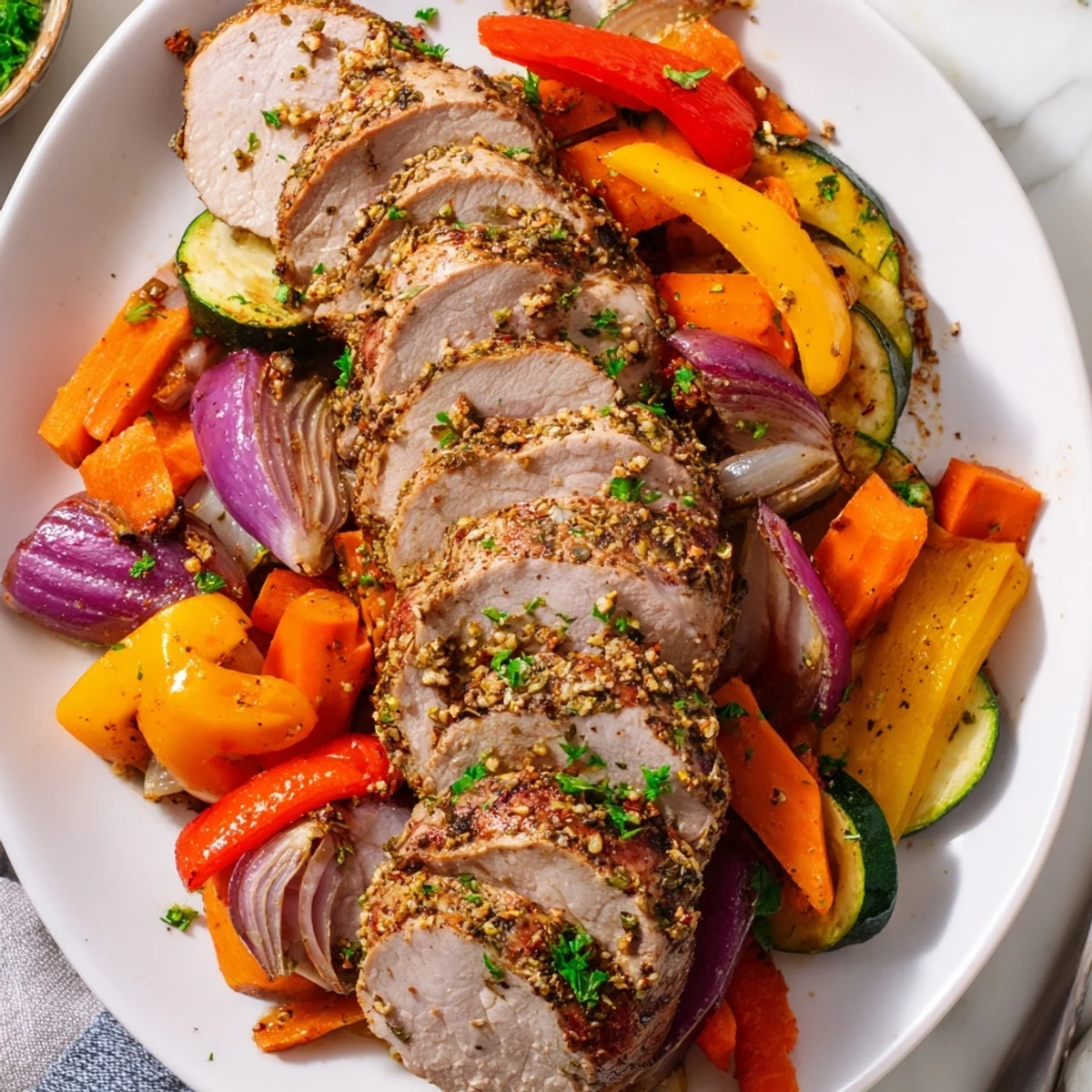 Tender, roasted garlic pork tenderloin surrounded by vibrantly colored, caramelized vegetables ready to serve.