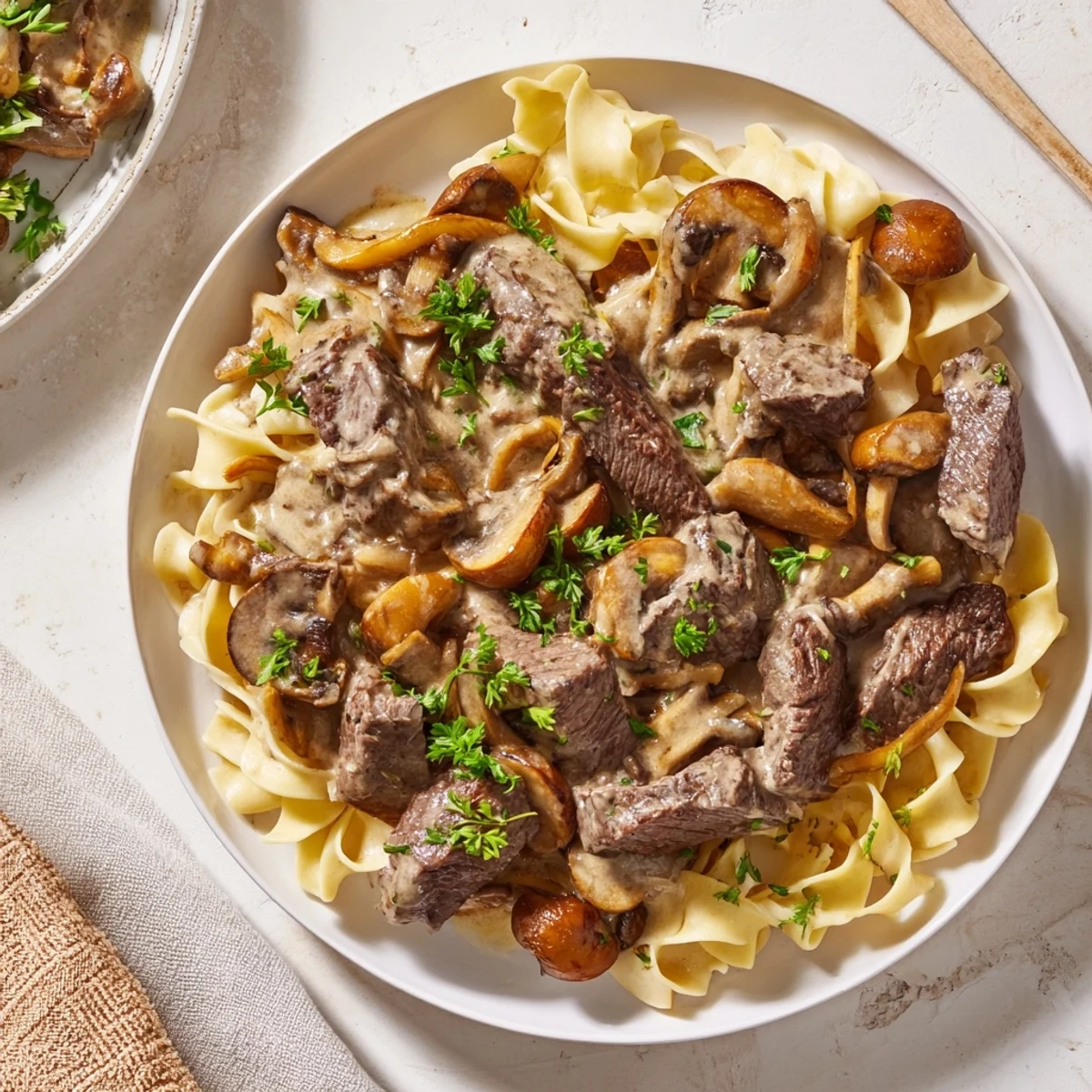 Sizzling Creamy Mushroom Beef Stroganoff, served over fluffy egg noodles, ready to be enjoyed.