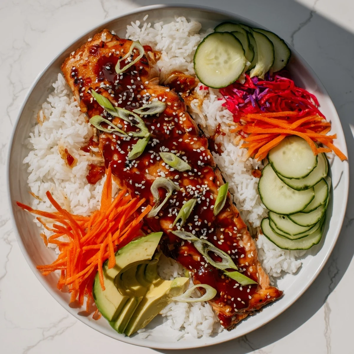 Flavorful Sweet Chili Salmon Rice Bowl, a healthy meal bursting with the savory taste and texture.