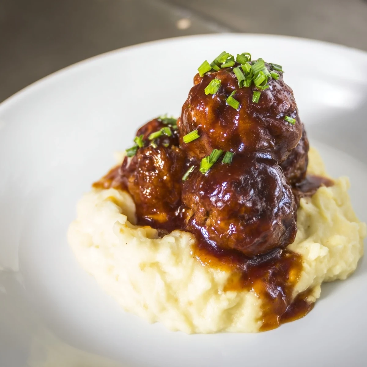 Juicy BBQ meatballs glistening in a rich sauce, plated with fluffy mashed potatoes; a hearty meal.