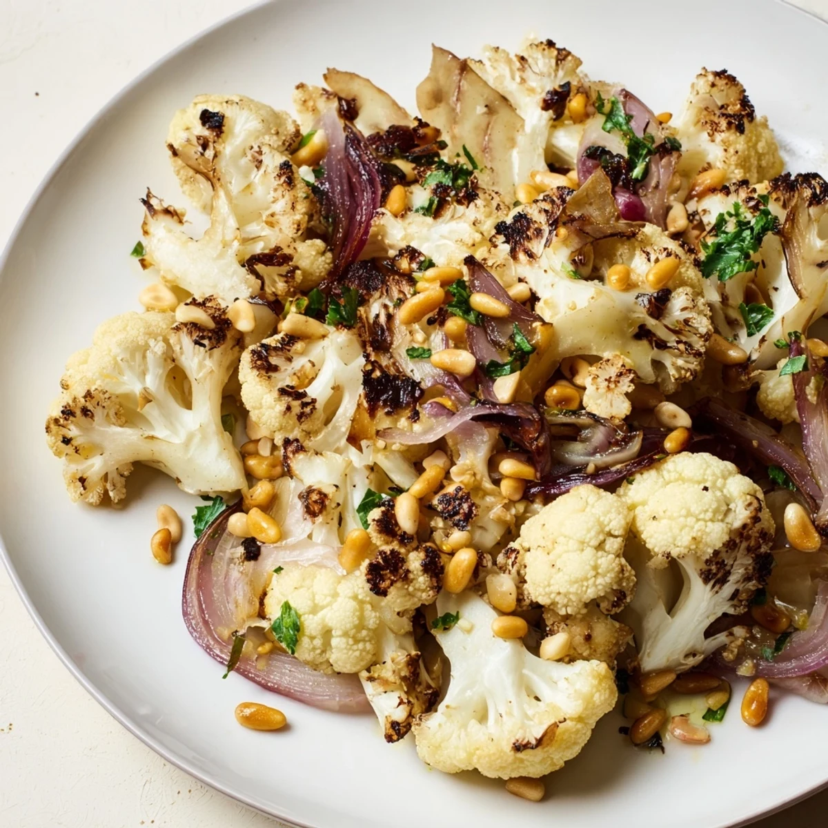 Roasted cauliflower and lemon pine-nut dressing salad, a colorful, Mediterranean vegetarian dish.