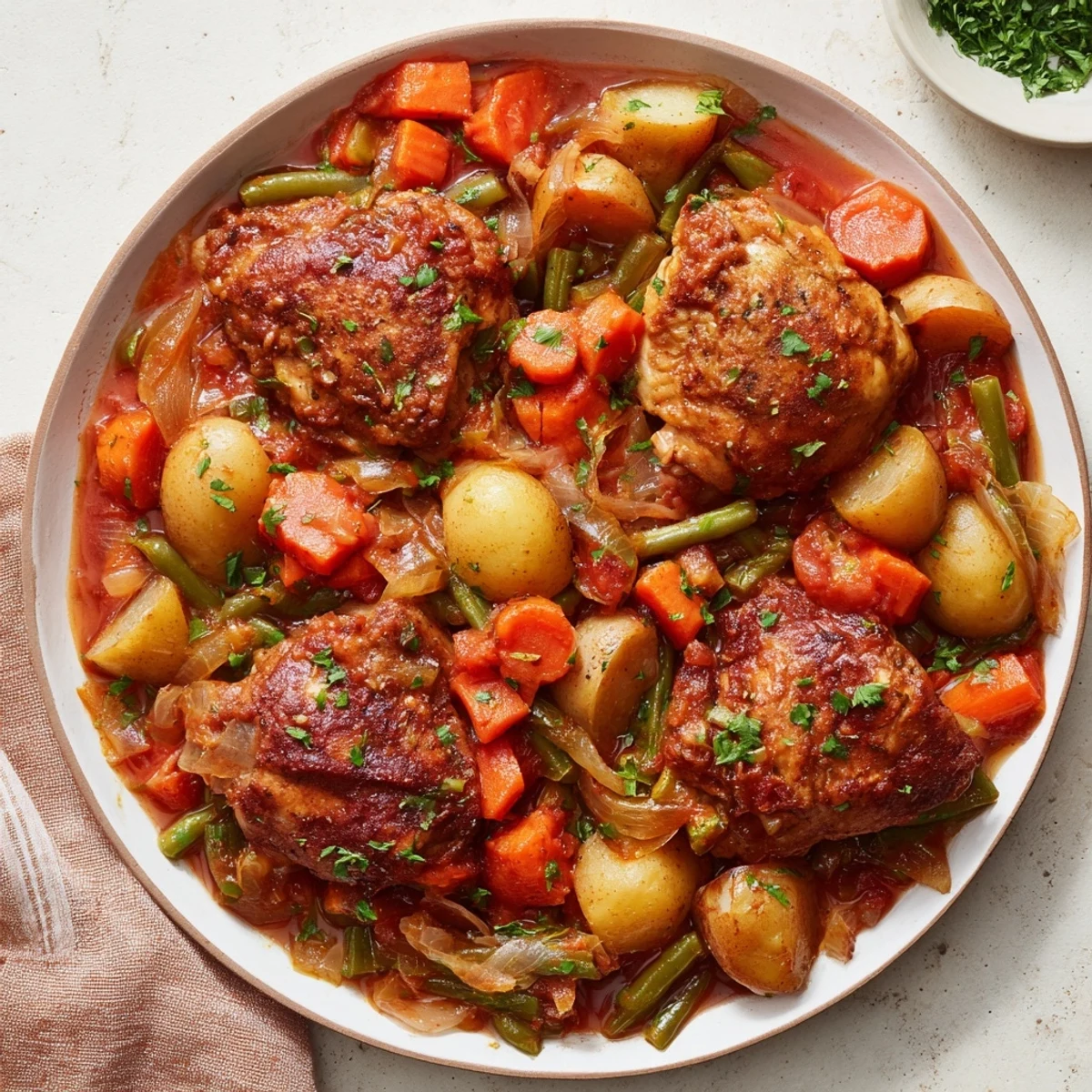 Steaming, delicious Slow-Cooker Chicken & Vegetable Stew, a hearty meal filled with tender chicken and veggies.