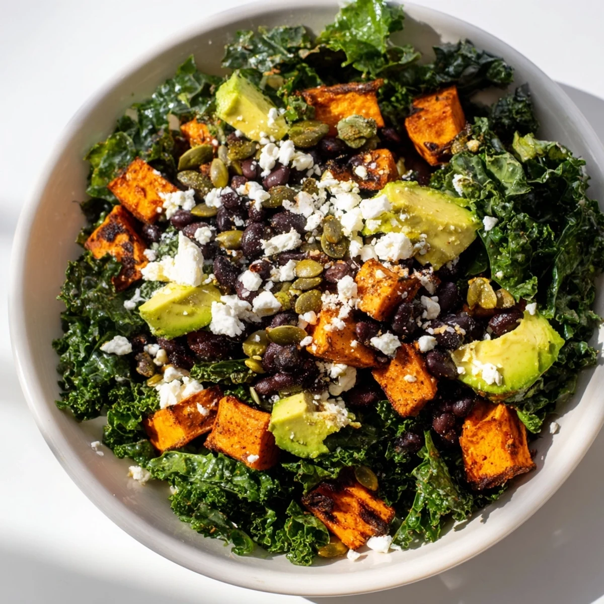 Massaged Kale Salad with Black Beans & Sweet Potato: a colorful salad with roasted sweet potatoes and creamy avocado.