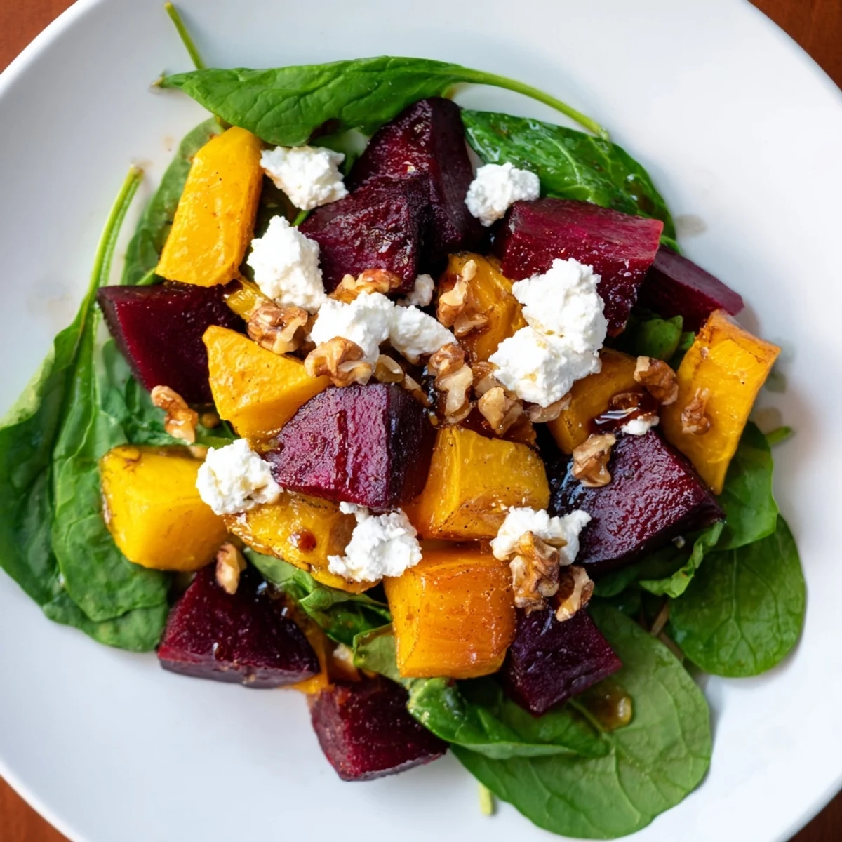 A colorful Roasted Beet, Butternut & Spinach Salad, featuring creamy goat cheese and crunchy walnuts.