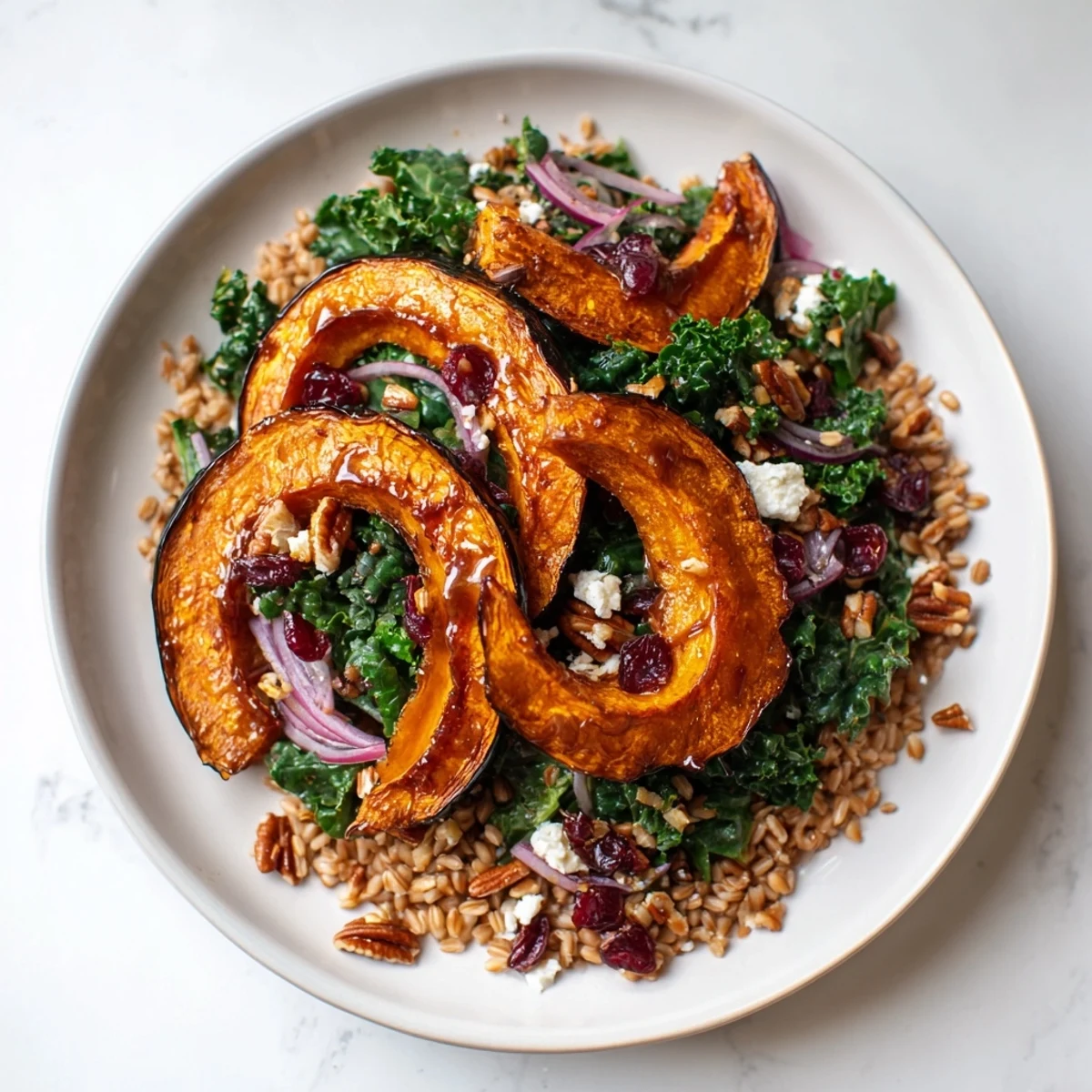 Golden maple-roasted acorn squash tops this healthy farro and mustard green salad, ready to eat.