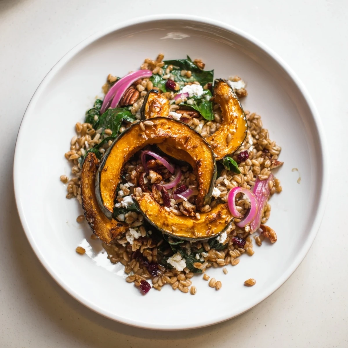 A beautiful, colorful bowl of farro & mustard green salad with roasted squash and delicious dressing.