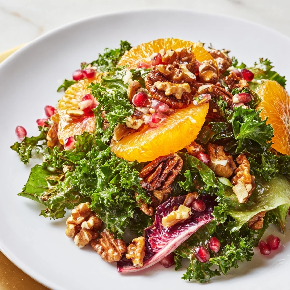 Vibrant Winter Greens Salad with citrus, pomegranate seeds, and toasted nuts, a lovely colorful dish.