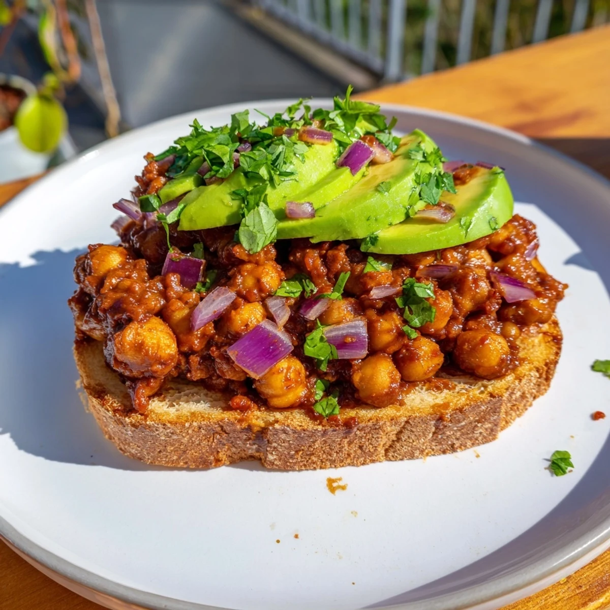 Close-up of a plate with BBQ Chickpeas on Toast; a satisfying vegan meal, ready in minutes.