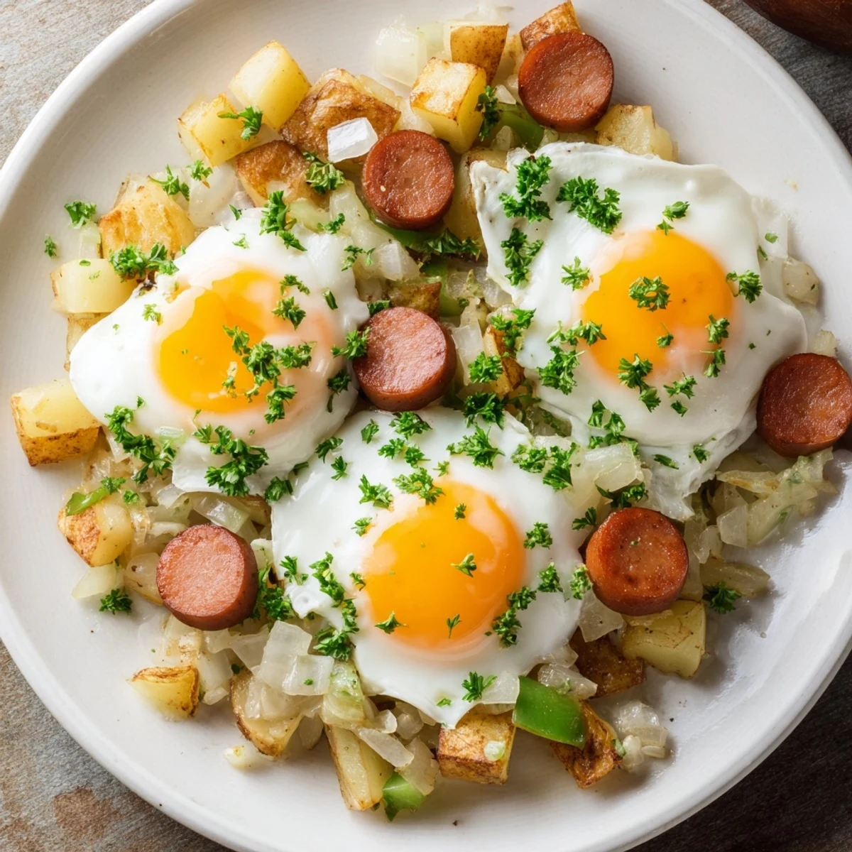 Golden, crispy Egg & Potato Hash with Hot Dogs, speckled with parsley, ready to enjoy.