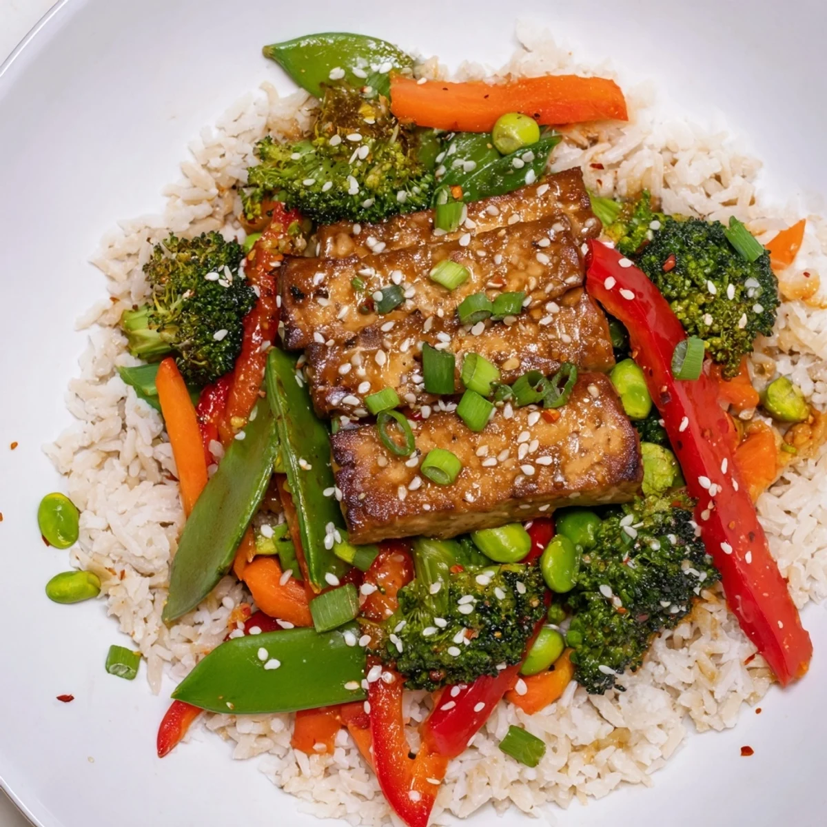 A steaming plate of Pressed Tofu Steaks features crispy tofu and delicious, seasoned vegetables.