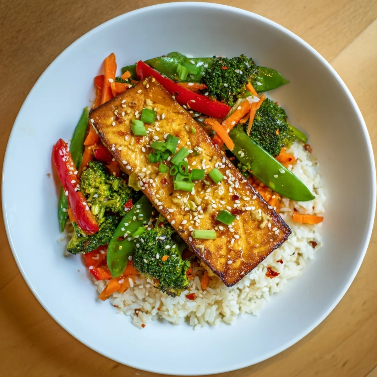 Enjoy a visual of vegan Pressed Tofu Steaks: pan-seared tofu, rice, and fresh vegetables make a complete meal.
