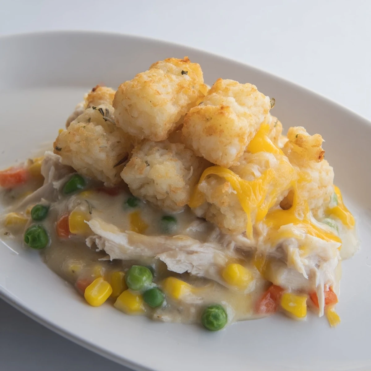 Golden-brown tater tots crown a steaming Tater Tot Chicken Pot Pie, a comforting family meal.