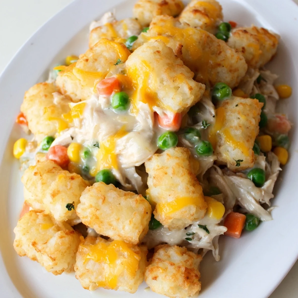 A bubbling skillet of savory Tater Tot Chicken Pot Pie with crispy tots ready to eat.