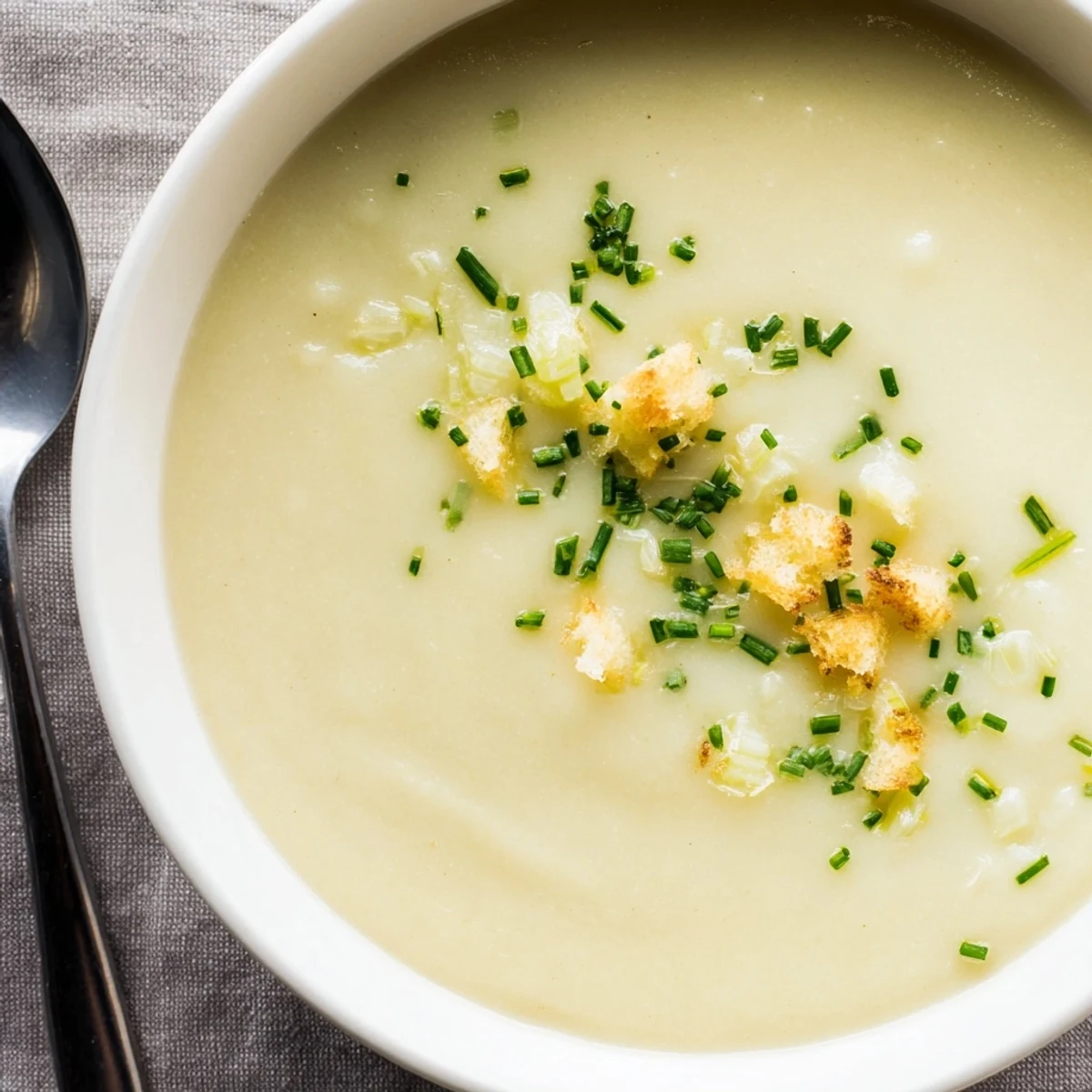 Close-up of golden Potato Leek Soup, a classic French recipe perfect for a simple, cozy dinner.