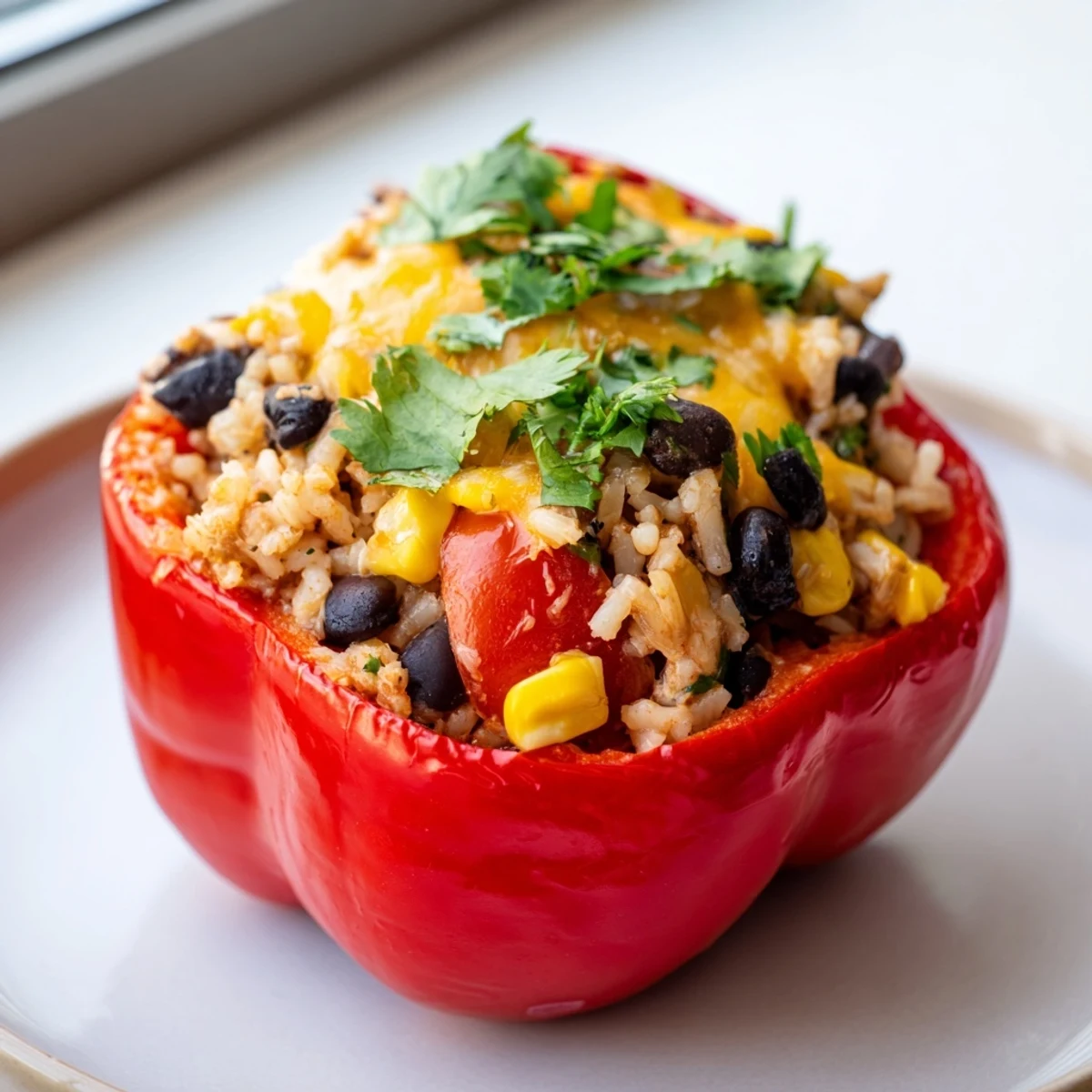 Golden, baked Stuffed Bell Peppers with a vibrant filling, ready to serve for a comforting dinner.