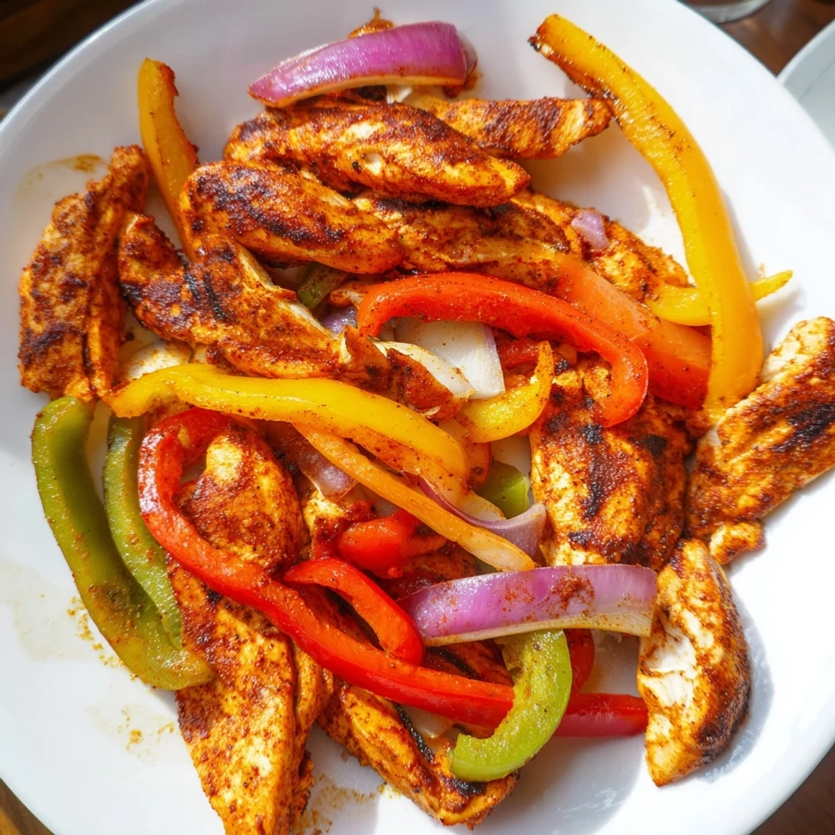 Sheet-Pan Chicken Fajitas, roasted with colorful bell peppers on a baking sheet, ready to serve.