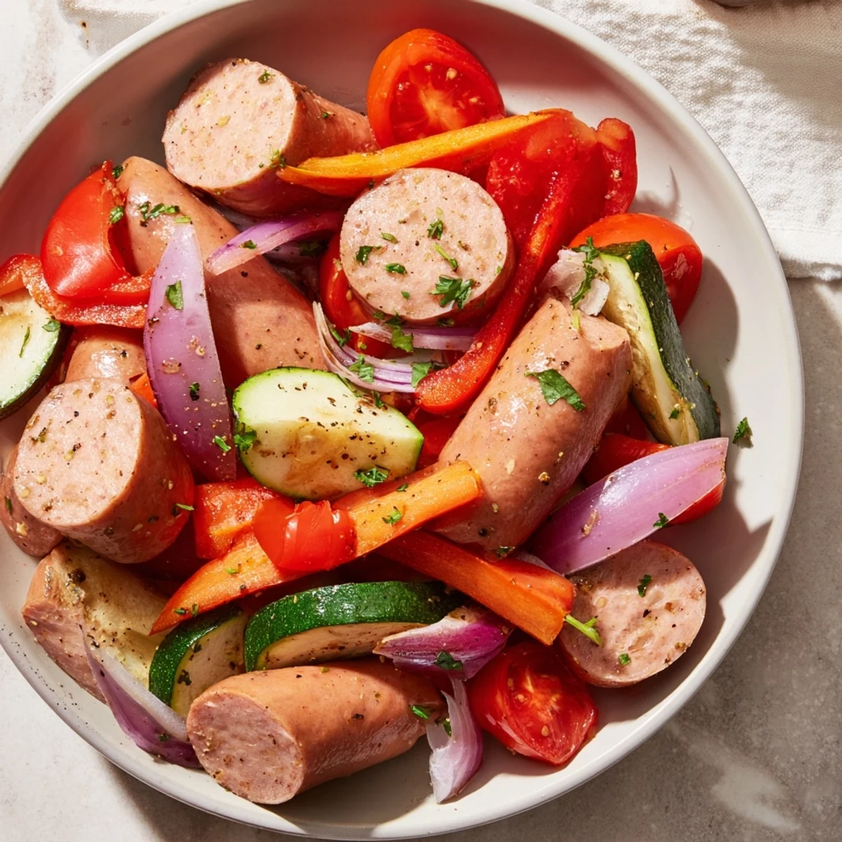 Sheet-pan roasted veggies and sausage: a colorful medley of sizzling vegetables with perfectly browned sausage.