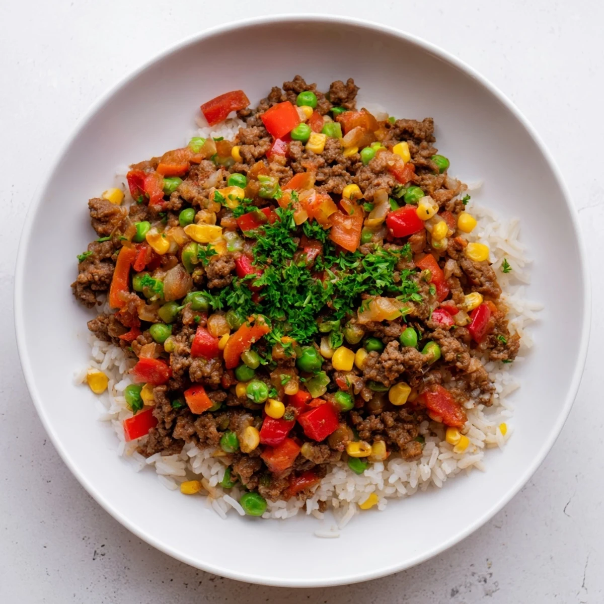 This Ground Beef Skillet with Veggies & Rice is steaming hot, ready to serve with fresh herbs.
