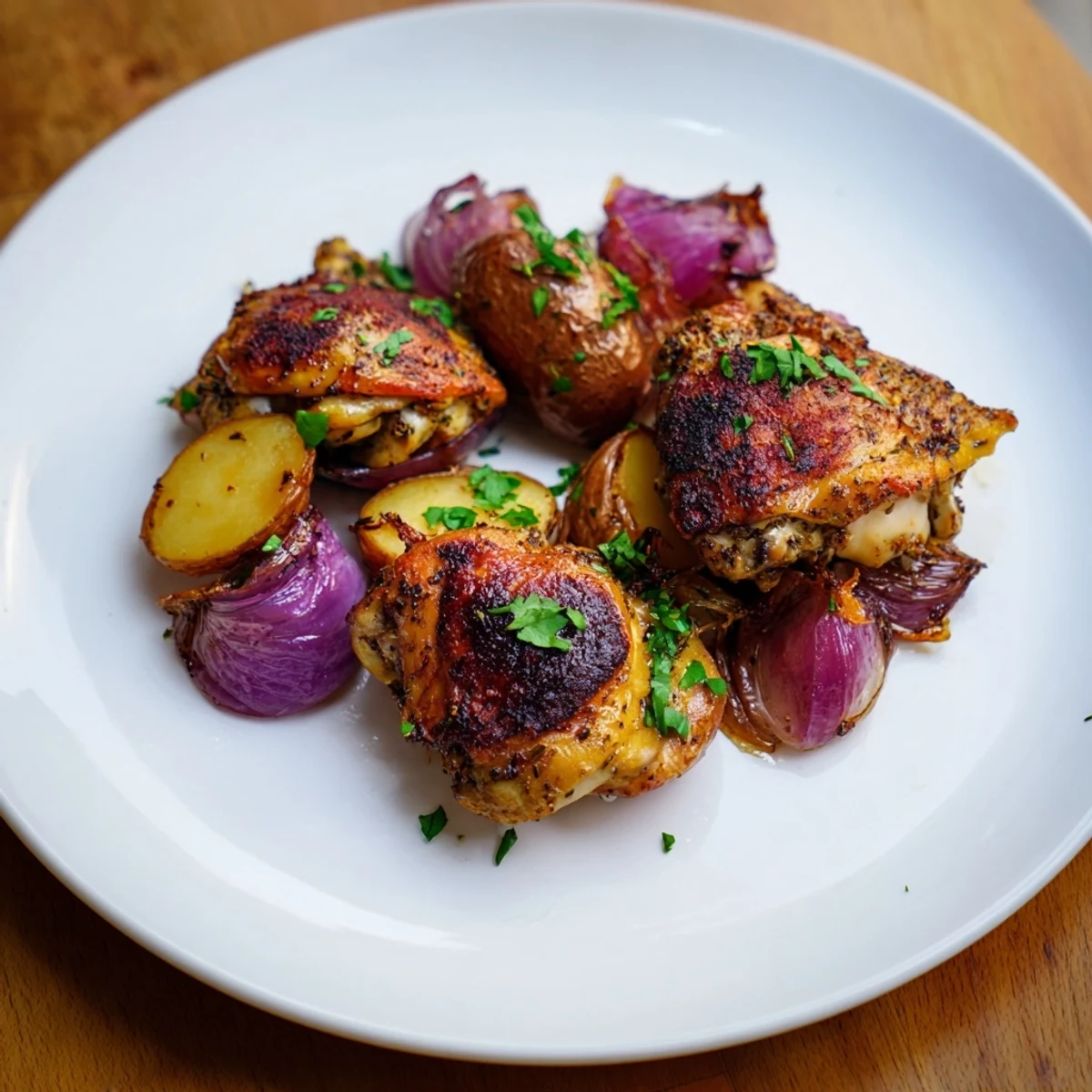 Golden zaatar-spiced Sheet Pan Chicken, alongside perfectly roasted potatoes, ready to serve with lemon wedges.