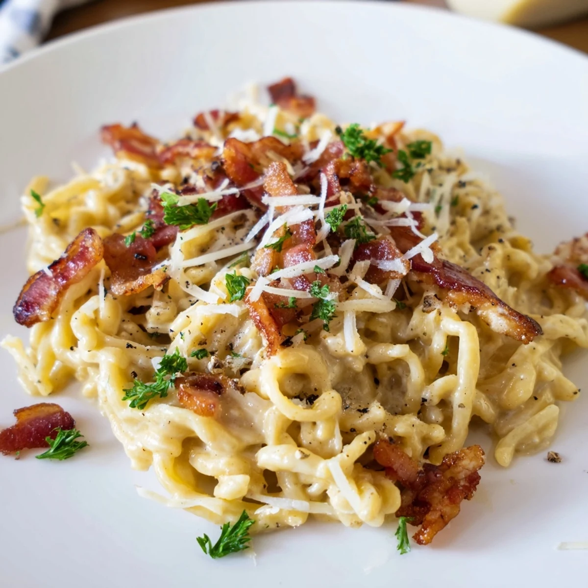 Savory bacon flecks and a cheesy sauce coat the ramen in this Instant Pot Carbonara Ramen hack, served hot.
