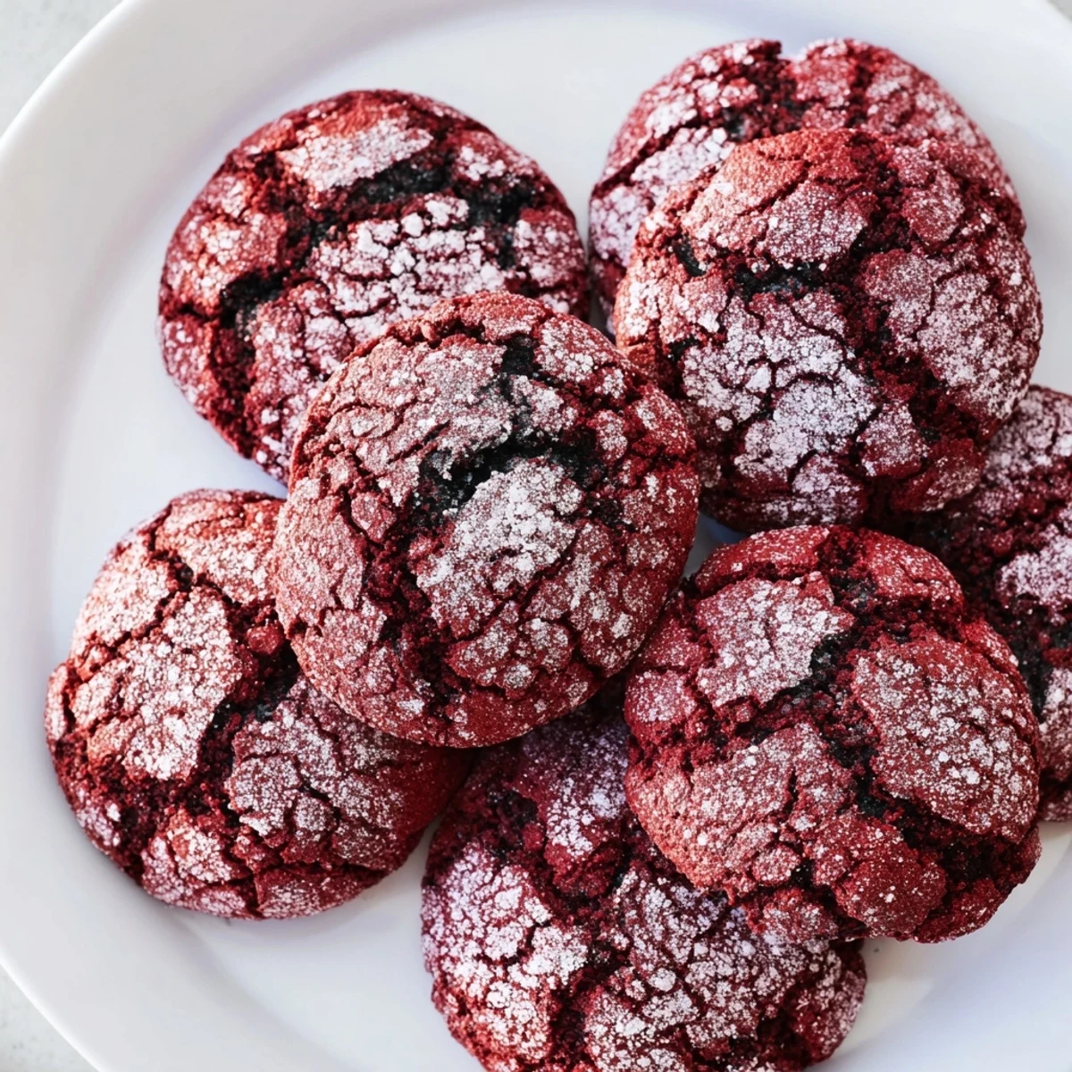 A plate piled high with beautiful Red Velvet Chocolate Crinkle Cookies, dusted in powdered sugar.