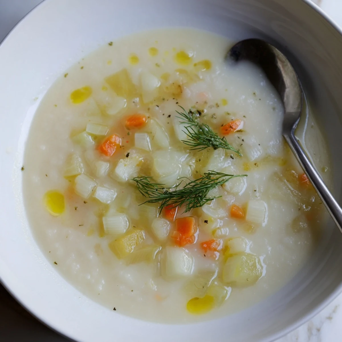 Creamy Simple White Bean and Fennel Soup, close-up with visible vegetables and a swirl of olive oil.