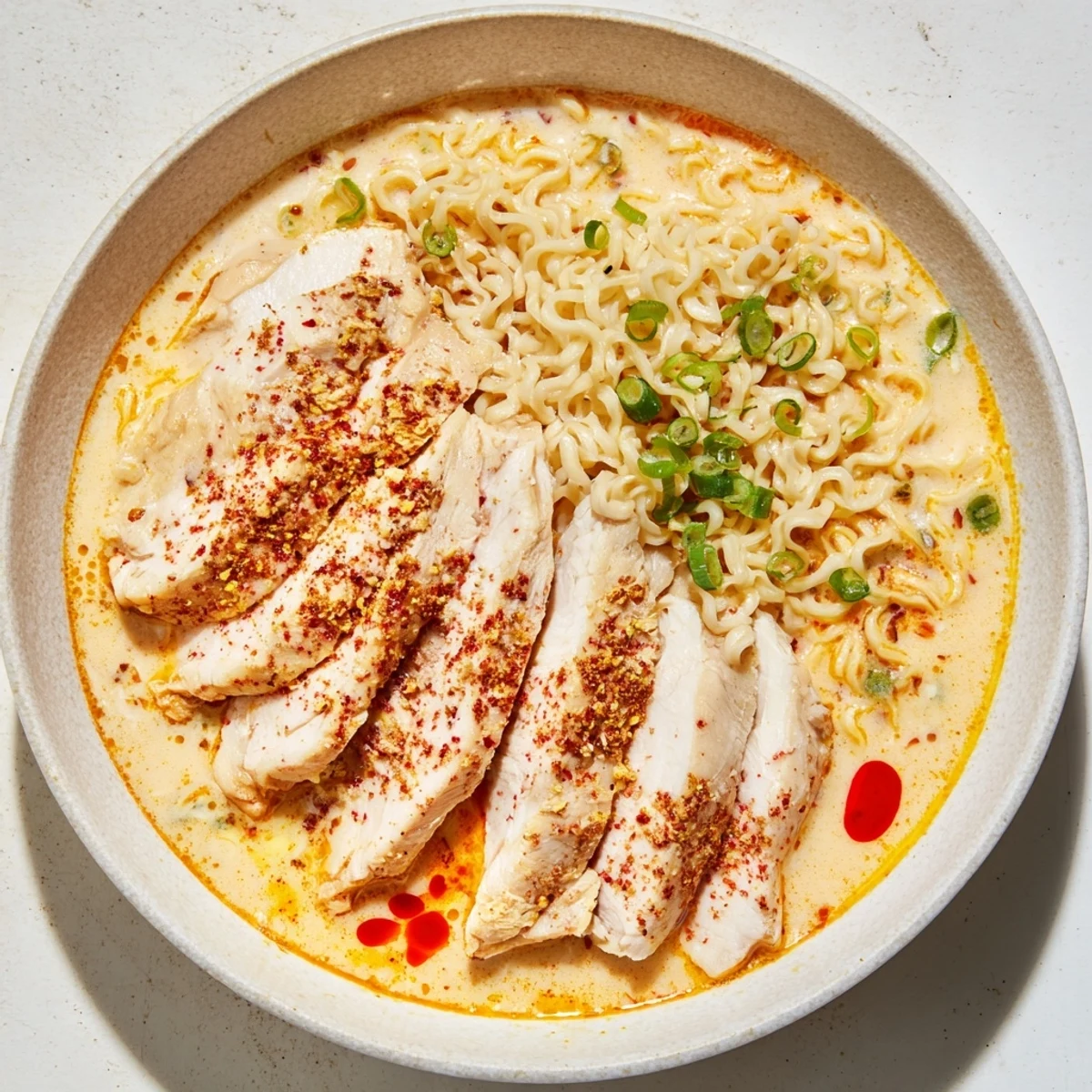 Steaming bowl of Fiery Chicken Ramen, golden chicken slices atop noodles in rich, garlic-infused broth.